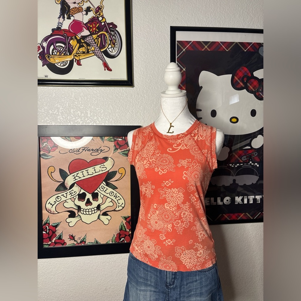 Yogi Orange Floral Print Sleeveless Tee Y2K Boho Casual Summer Vintage 2000s